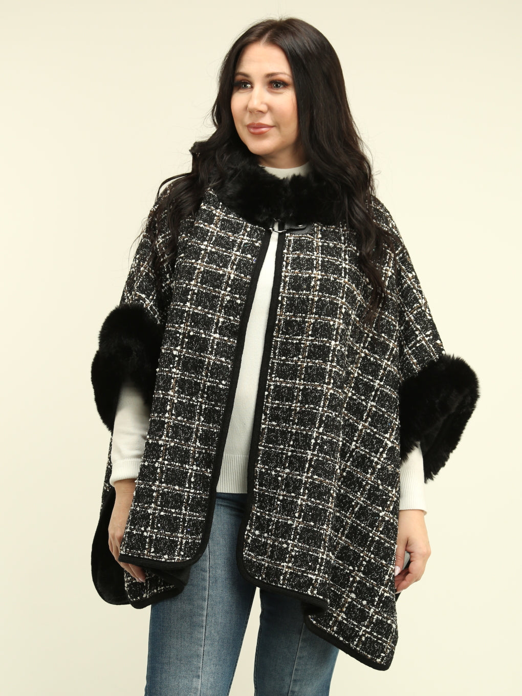 Faux Fur Plaid Cape