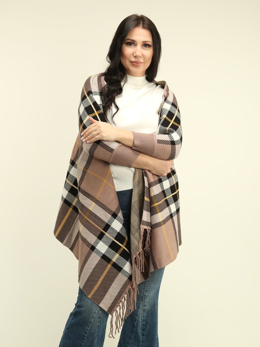Plaid Sleeved Cape with Fringes