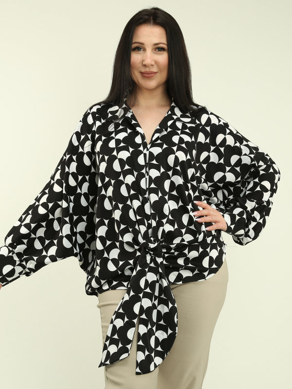 Geometric Batwing Sleeve Tie-Front Blouse