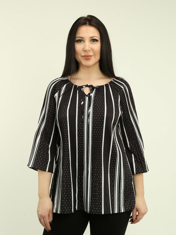 Dot & Stripe Tie Neck Pleated Blouse