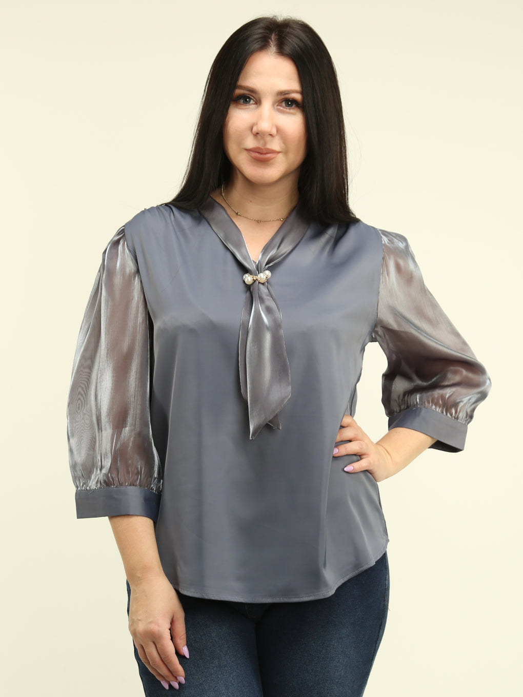 Satin Tie Neck Organza Blouse
