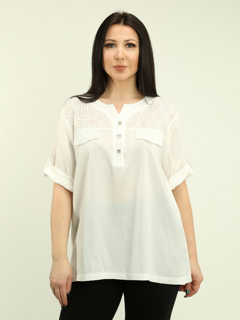 Roll Sleeves Sequin & Eyelet Blouse