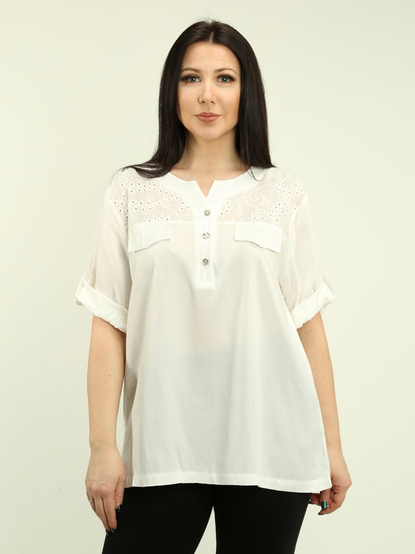 Roll Sleeves Sequin & Eyelet Blouse