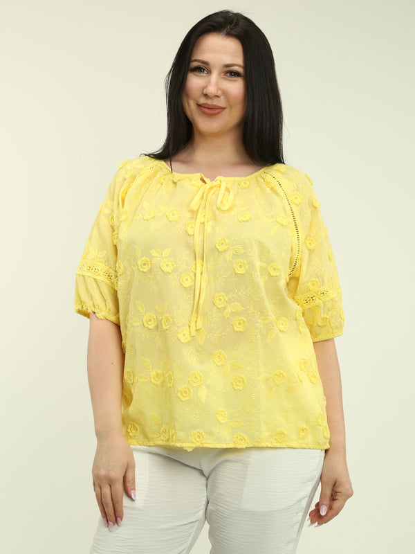 Floral Embroidered Tie Neck Blouse