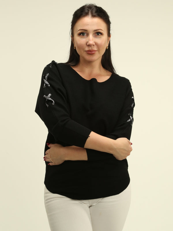Rhinestone Lace-Up Dolman Sweater
