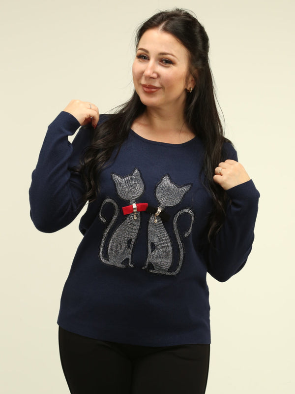 Rhinestone Cat & Bow Tie Embellished Sweater