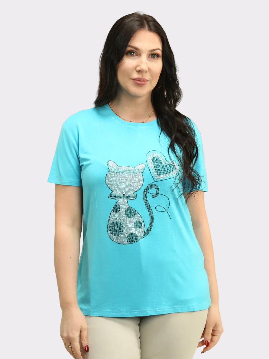 Rhinestone Cat & Heart Top