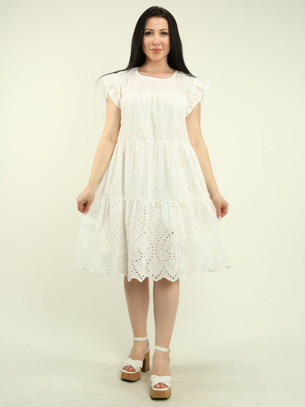 Ruffle Sleeve Eyelet Tiered Dress