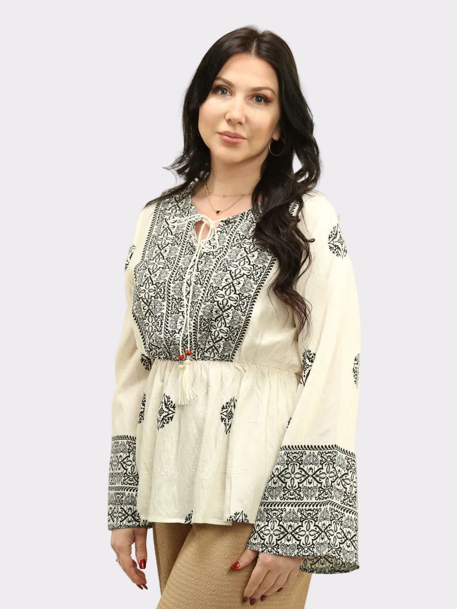 Geometric Tassel Tie Boho Blouse