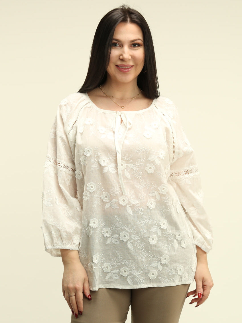 Floral Embroidered Tie-Front Blouse