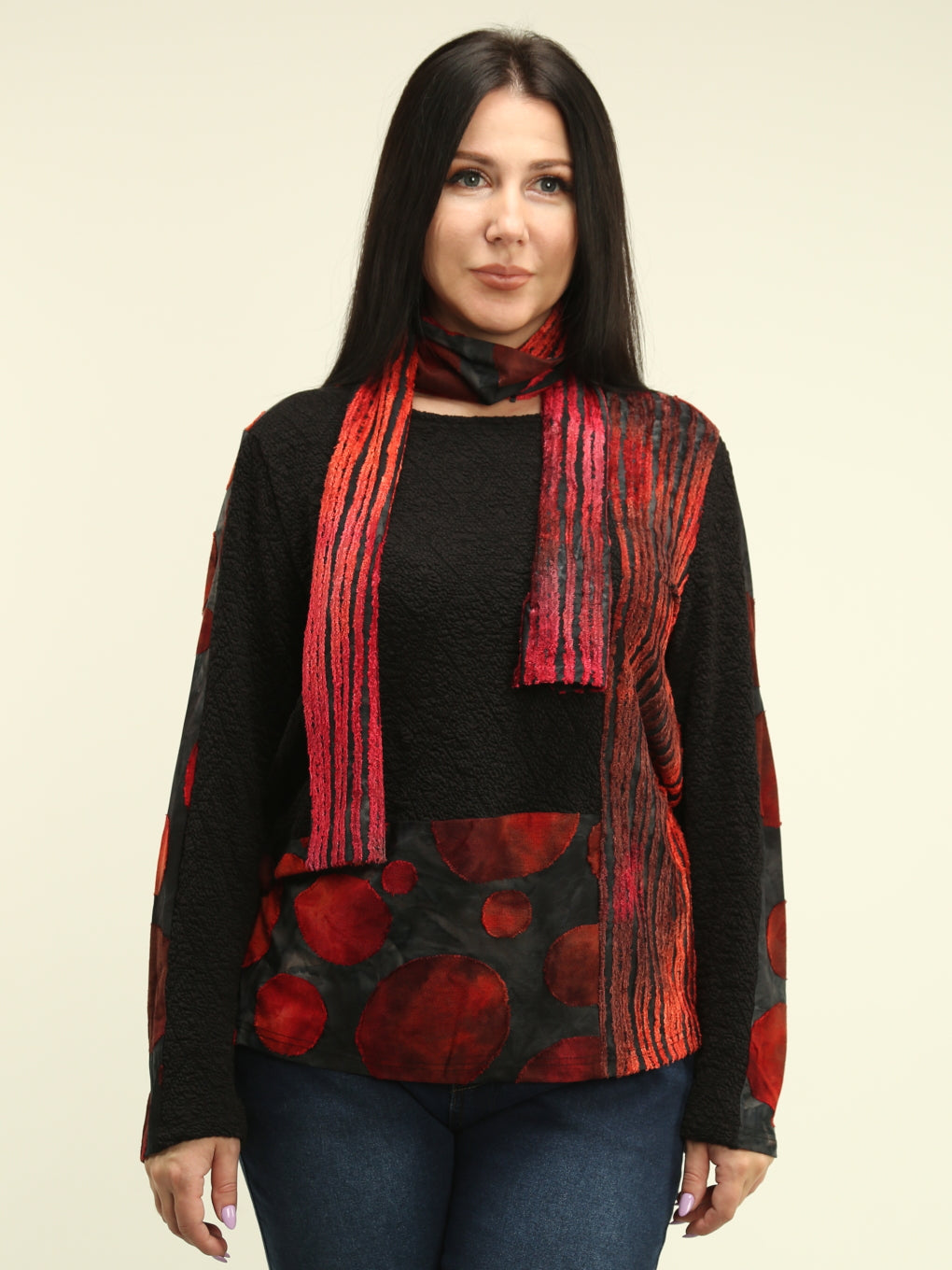 Textured Circle & Stripe Top with Matching Scarf Set