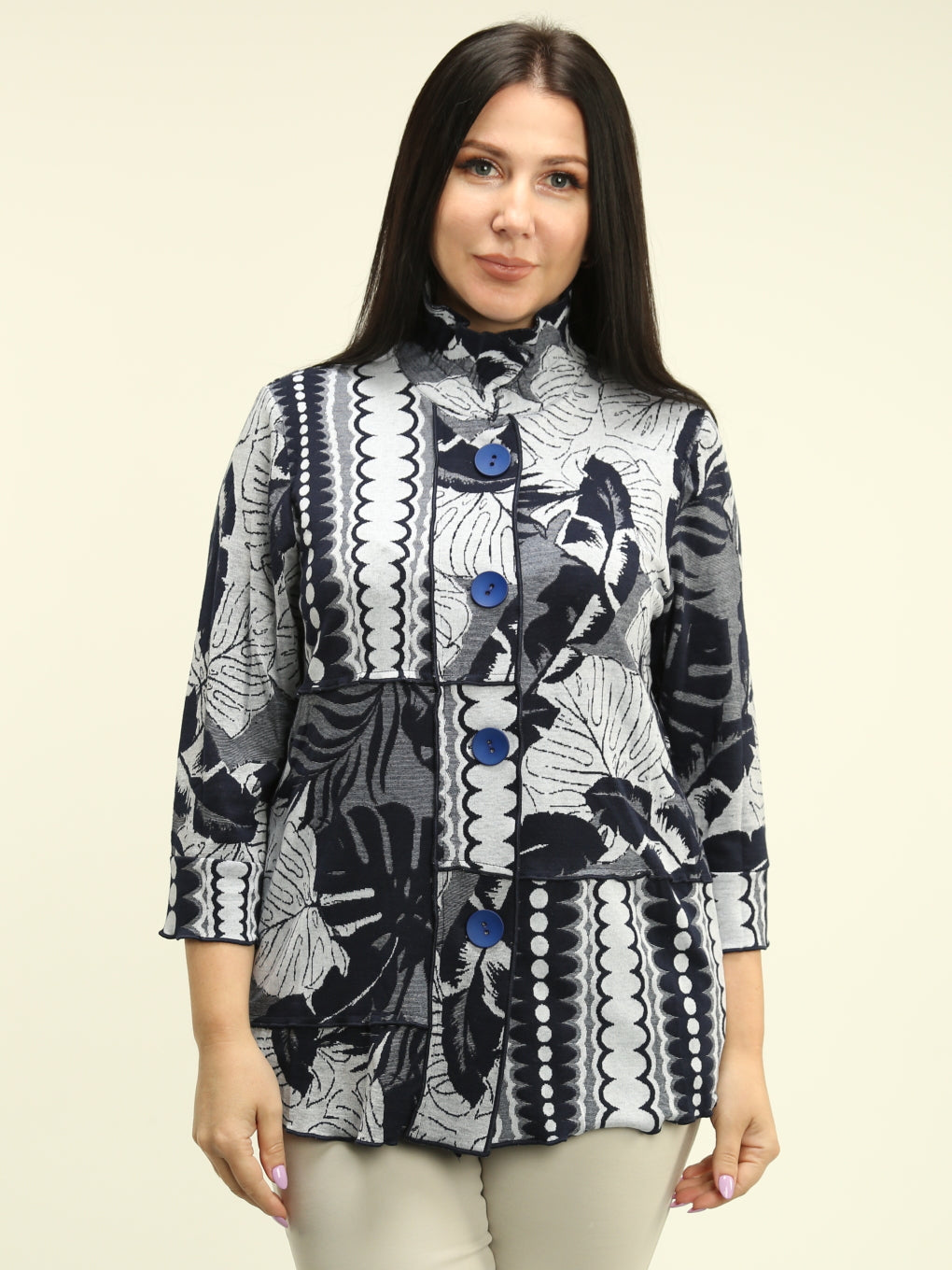 Ruffle Stand Collar Leaf Print Blouse