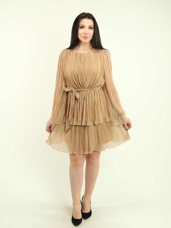 Pleated Chiffon Tie Waist Layered Dress