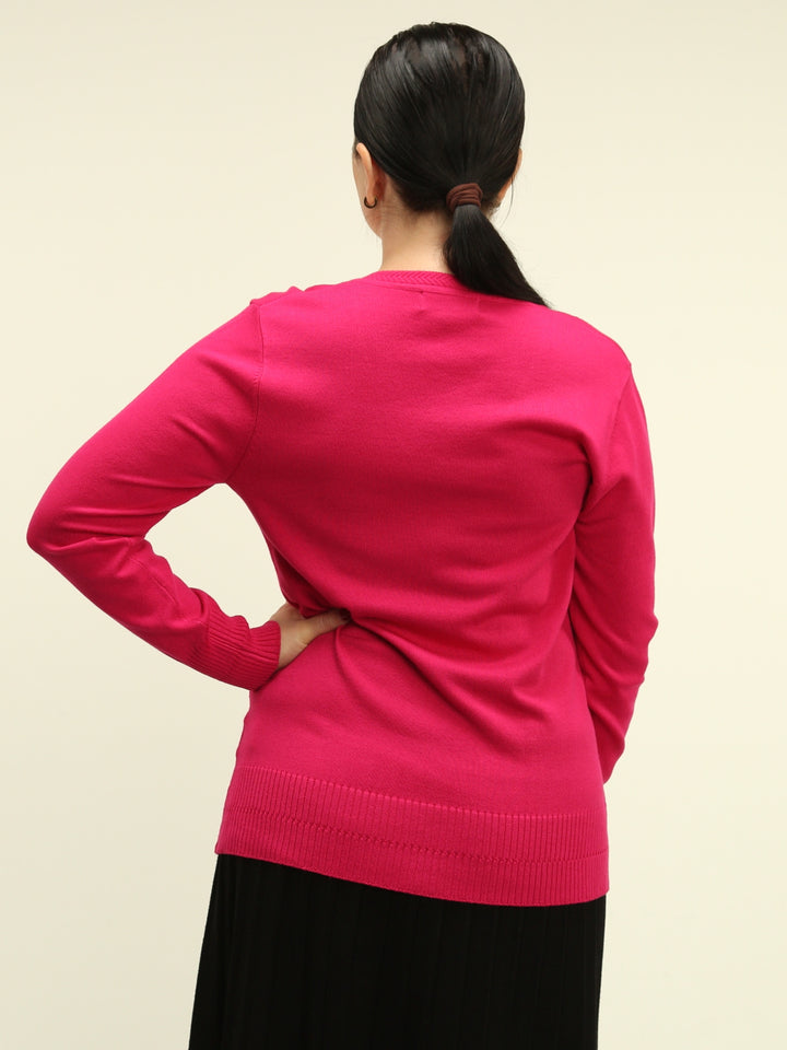 back of bright pink solid color v-neck sweater